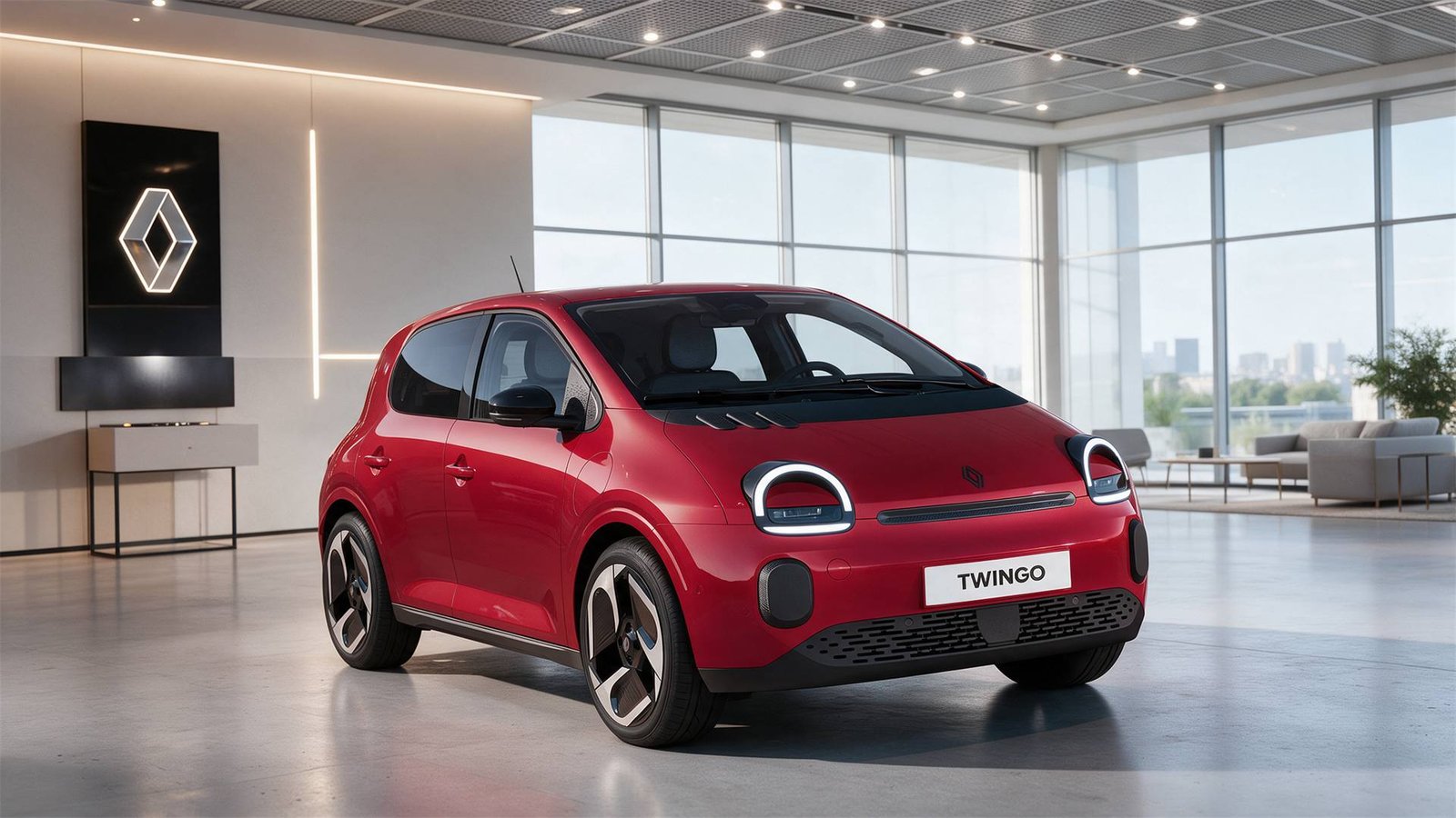 Renault Twingo rouge exposée dans le showroom